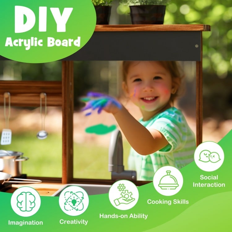 Mud Kitchen Fir Wood Play Kitchen with 4 Panting Pots Faucet Removable Sink-Natural