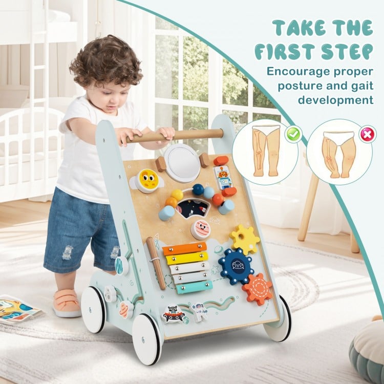 Wooden Baby Walker Push and Pull Learning Activity Center with Wheels for Toddlers 1+ Years Old-Green
