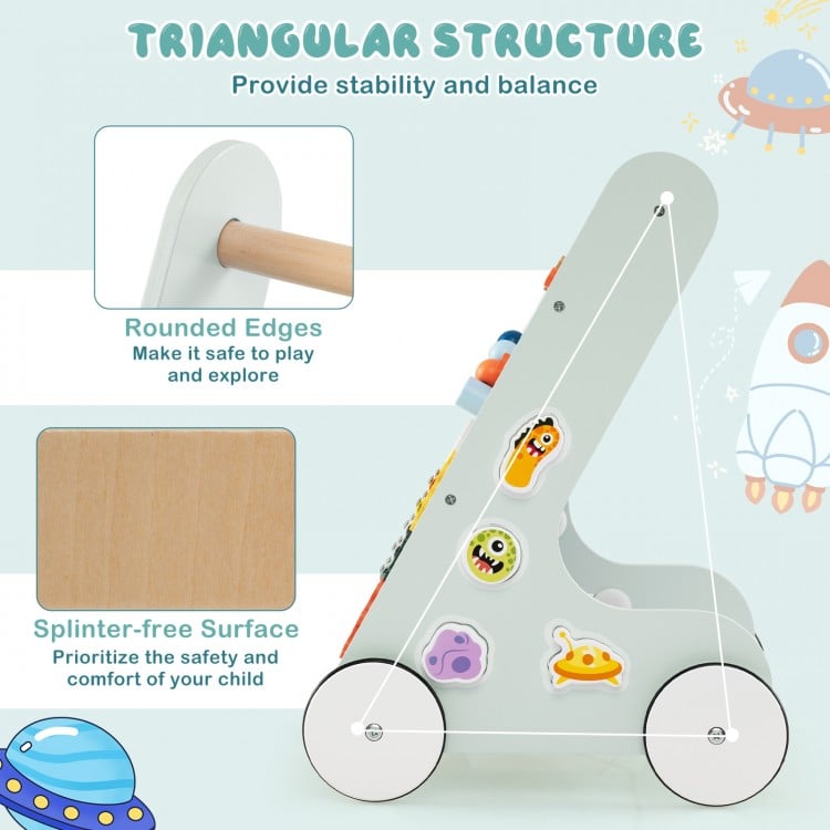 Wooden Baby Walker Push and Pull Learning Activity Center with Wheels for Toddlers 1+ Years Old-Green