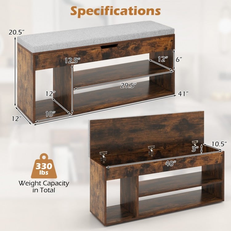 Padded Seat Shoe Bench with Hidden Storage and 3 Open Shelves-Coffee
