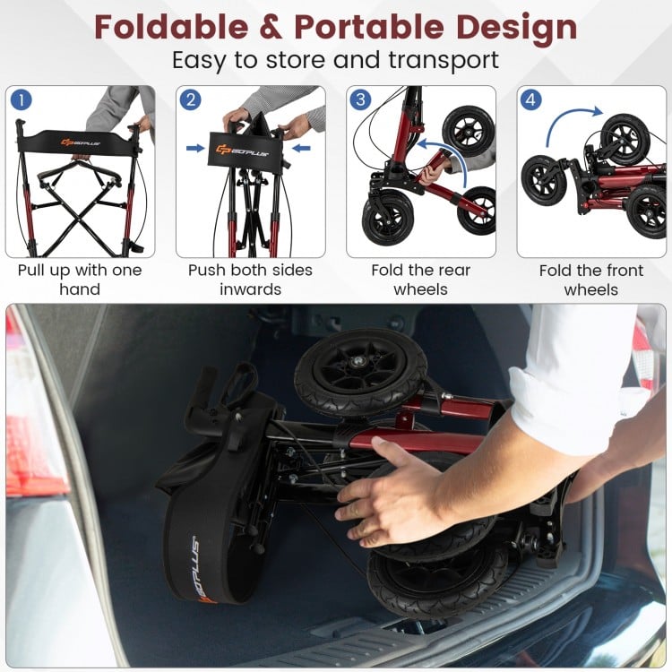 Folding Rollator Walker for Seniors with Seat for All Terrain-Red