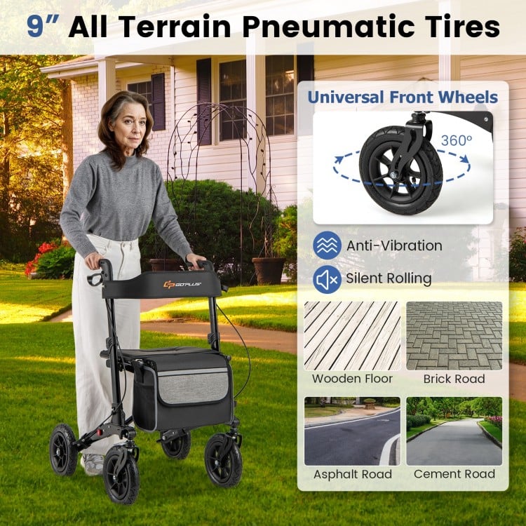 Folding Rollator Walker for Seniors with Seat for All Terrain-Black