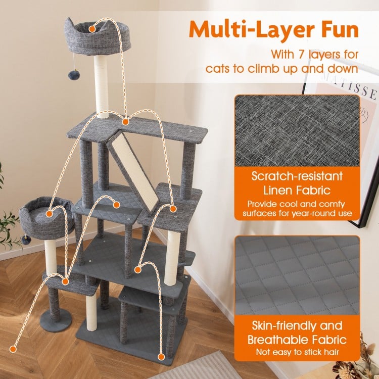 71 Inch Tall Cat Tree Multi-Level Large Cat Tower with Scratching Posts-Grey