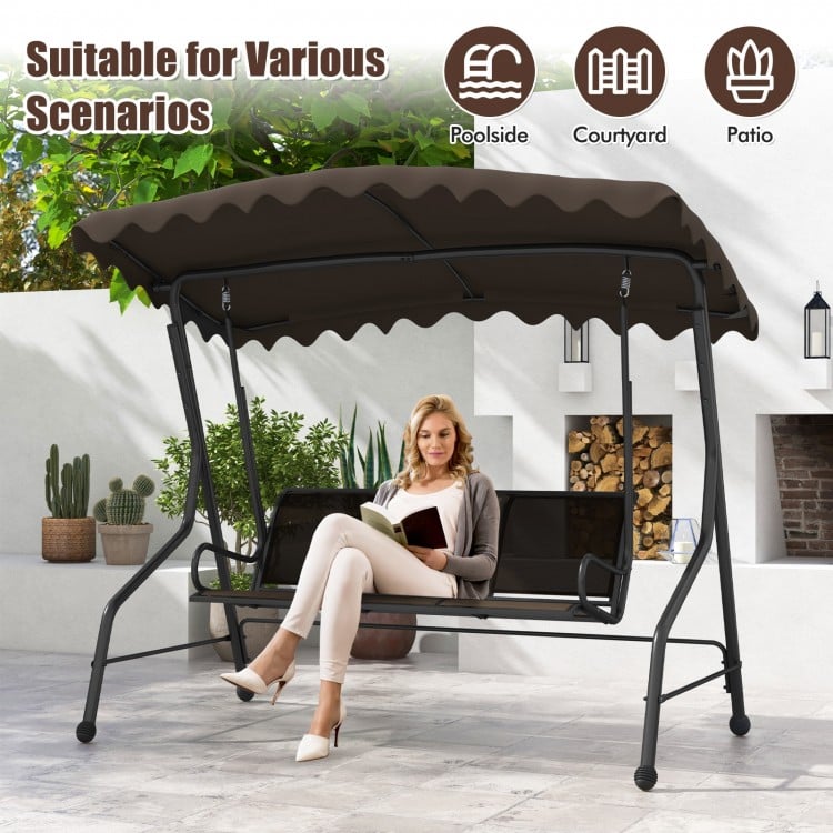 3-Seat Outdoor Porch Canopy Swing with Adjustable Shading-Brown