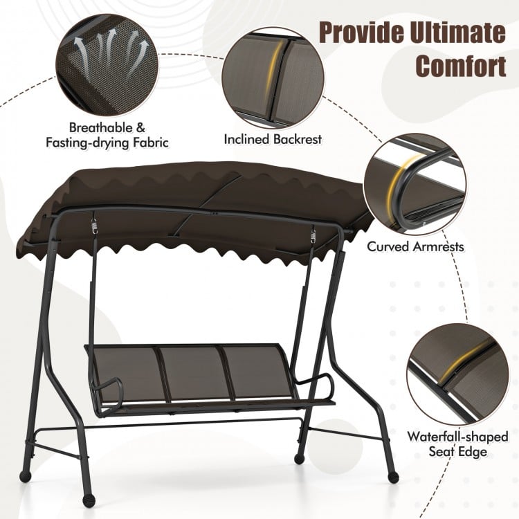 3-Seat Outdoor Porch Canopy Swing with Adjustable Shading-Brown