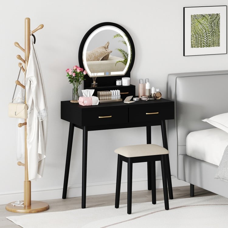 Small Vanity Makeup Dressing Table Set with Cushioned Stool and LED Lighted Mirror-Black