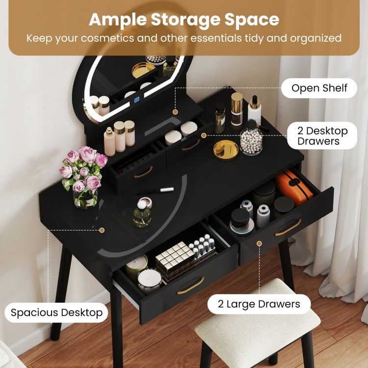 Small Vanity Makeup Dressing Table Set with Cushioned Stool and LED Lighted Mirror-Black