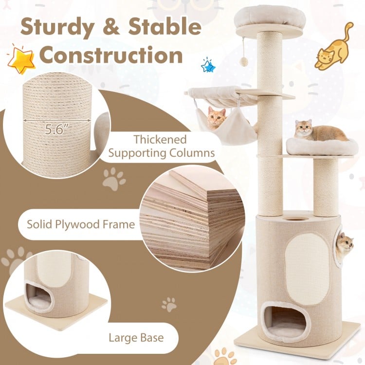 74 Inches Tall Wooden Cat Tower Tree with 2-Story Cat Condo and Washable Cushions-Natural