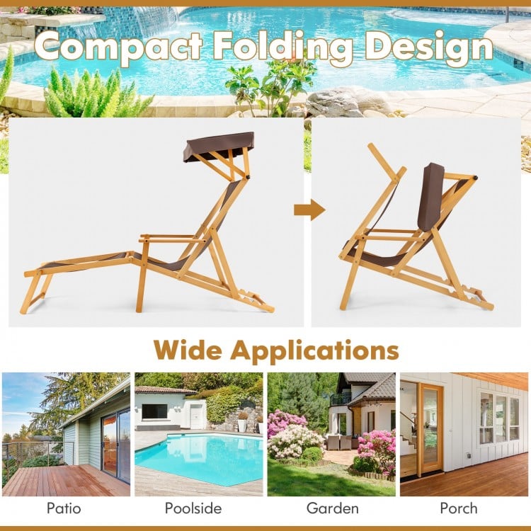 Birch Wood Chaise Lounge Chair Foldable Beach Chair with Adjustable Canopy-Brown