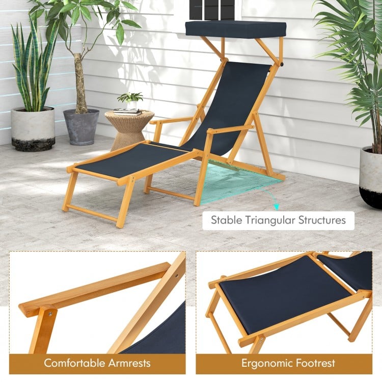 Birch Wood Chaise Lounge Chair Foldable Beach Chair with Adjustable Canopy-Navy