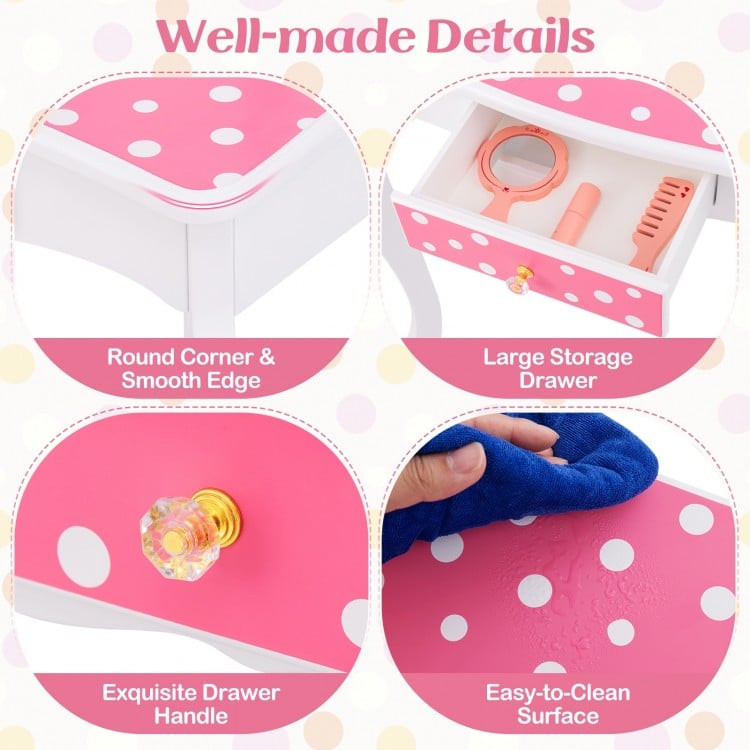 Princess Pretend Play Makeup Dressing Table with Cute Polka Dot Print-Pink