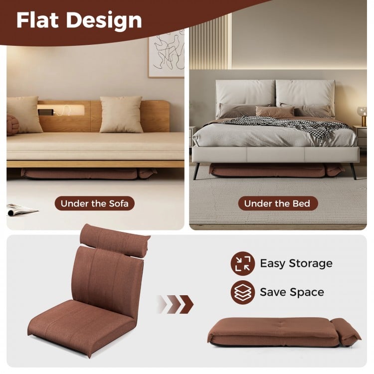 Folding Floor Chair with 14-Poistion Adjustable Backrest and 5-Position Adjustable Headrest-Brown