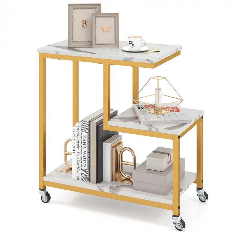 G-shaped Side Table 3-Tier Mobile End Table with Open Shelves-White