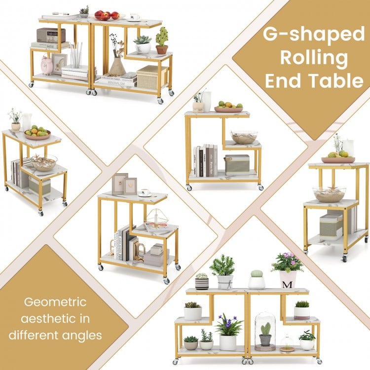 G-shaped Side Table 3-Tier Mobile End Table with Open Shelves-White