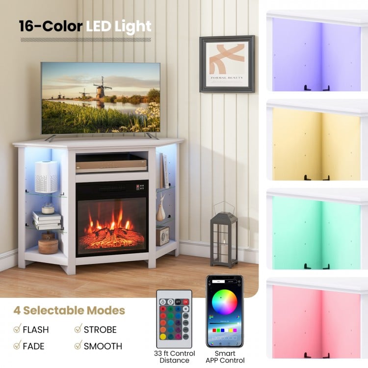 Fireplace Corner TV Stand with LED Lights and Smart APP Control for 50 Inches TV-White