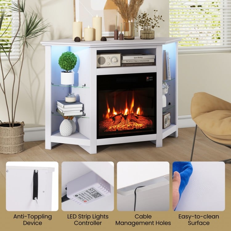 Fireplace Corner TV Stand with LED Lights and Smart APP Control for 50 Inches TV-White