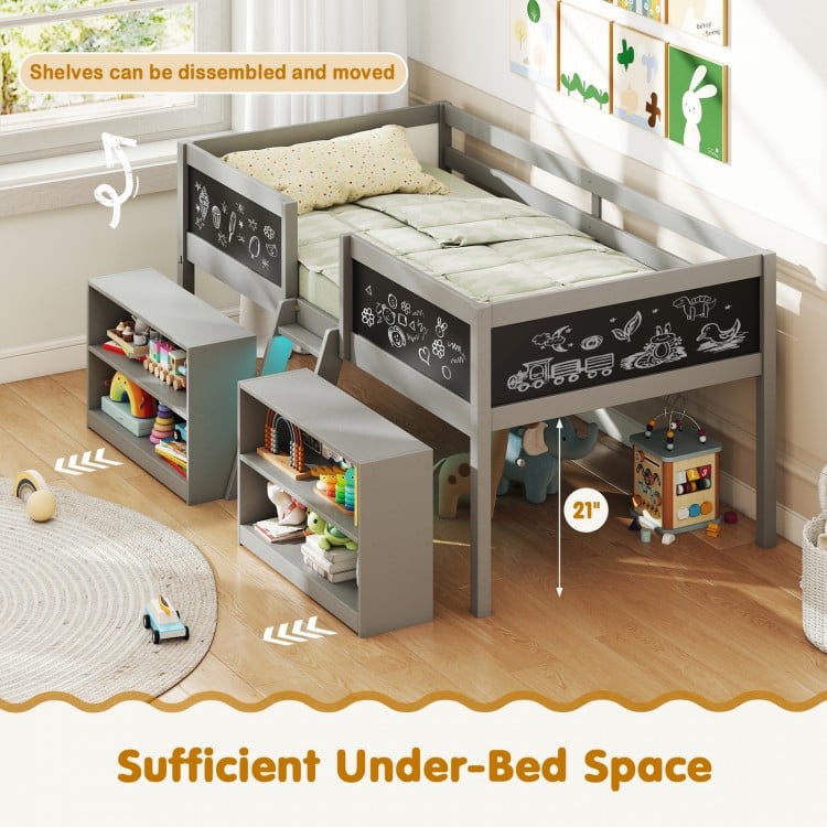 Low Loft Bed with LED Lights Kid's Cabin Bed with Bookcases-Gray