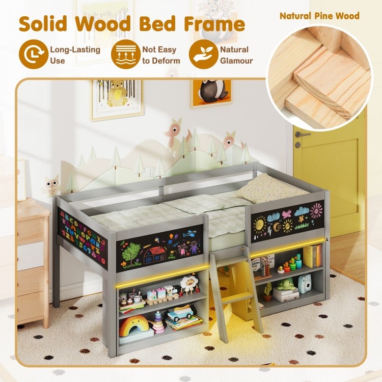 Low Loft Bed with LED Lights Kid's Cabin Bed with Bookcases-Gray
