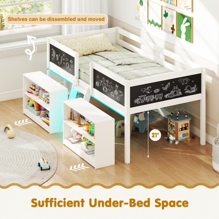 Low Loft Bed with LED Lights Kid's Cabin Bed with Bookcases-White