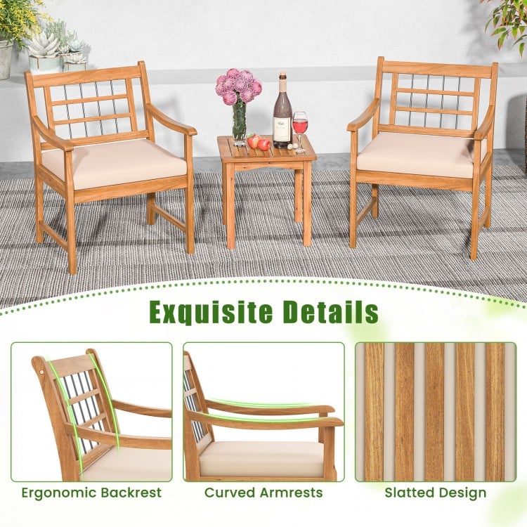 3 Piece Wood Patio Furniture Set with Seat Cushions and Acacia Wood Frame-White