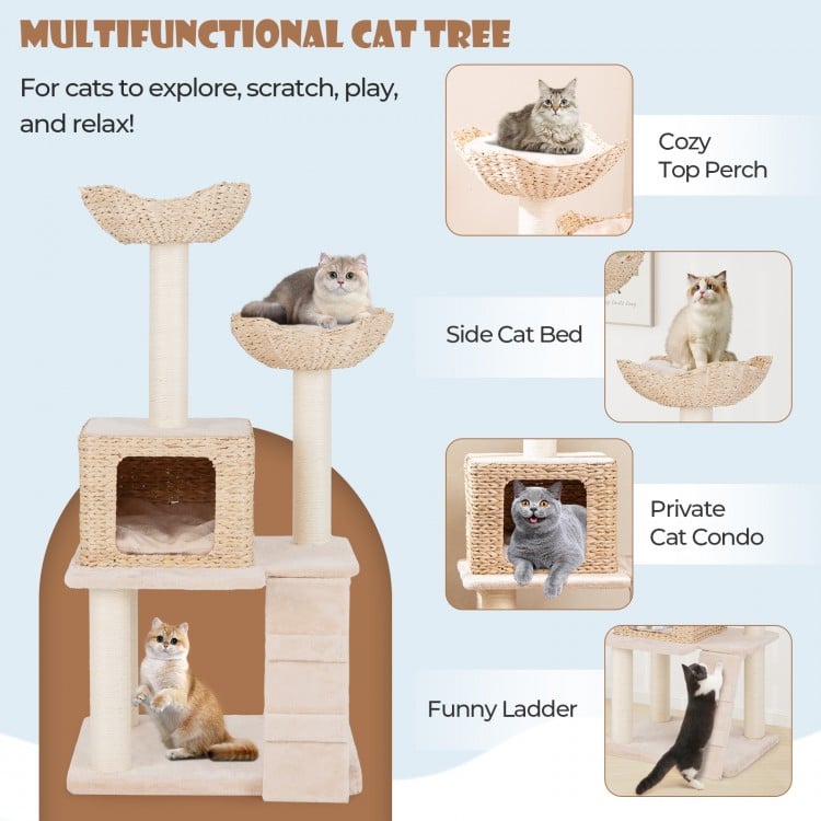 48 Inch Cattail Cat Tower with Sisal Scratching Posts Perch and Condo-Beige