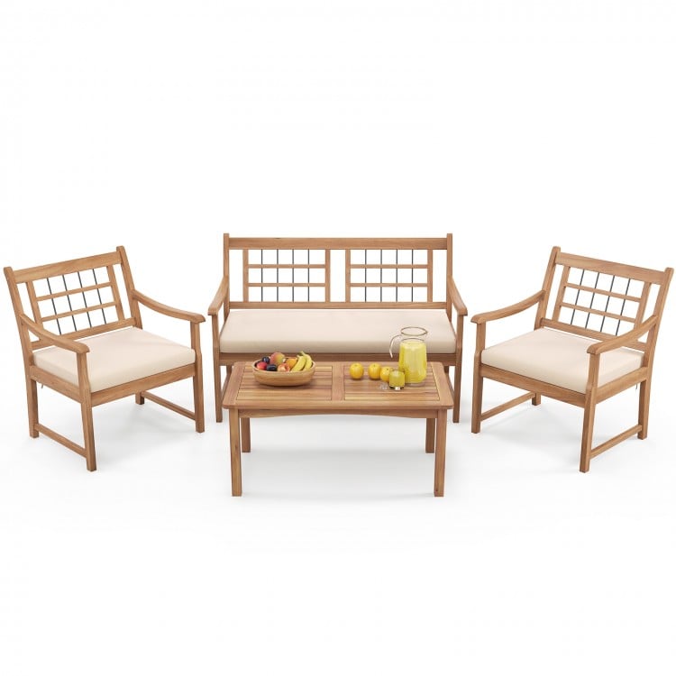 4 Piece Wood Patio Furniture with Armchairs Loveseat and Coffee Table-Off White