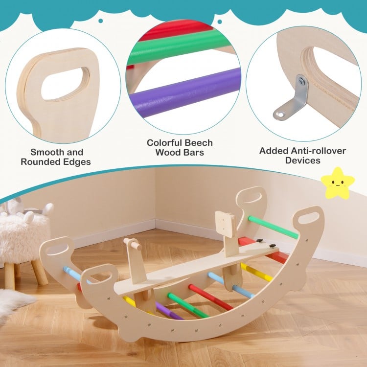 4-in-1 Multifunctional Wooden Climbing Toys with Rocker and Crawling Tunnel-Multicolor