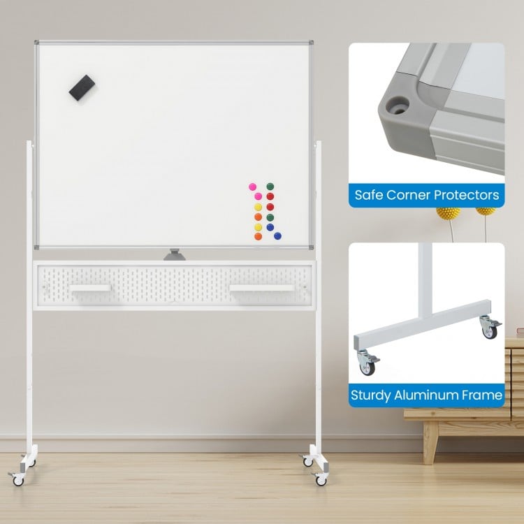 Mobile Whiteboard Adjustable Double-Sided Magnetic Board with Pegboard-White