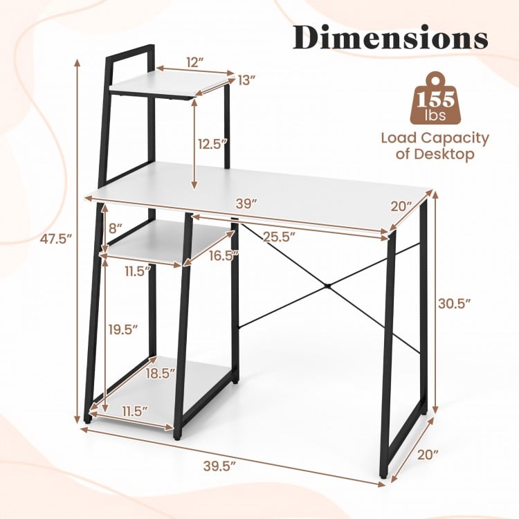 Compact Computer Desk Workstation with 4 Tier Shelves for Home and Office-White