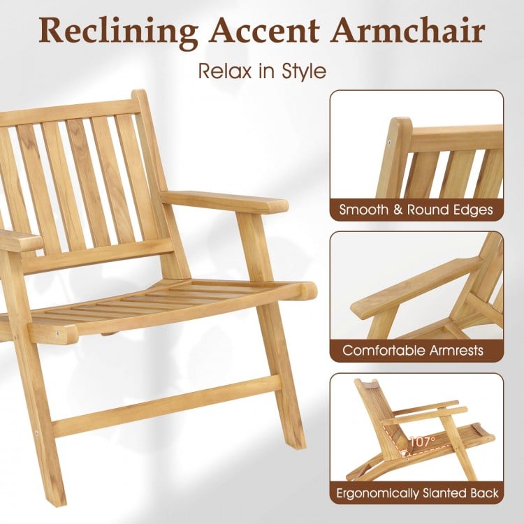 Teak Wood Outdoor Reclining Chair with Comfortable Backrest and Armrests