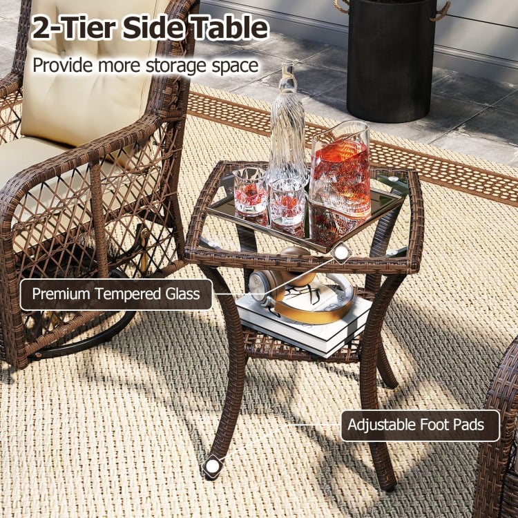 3 Pieces Patio Furniture Set PE Wicker Swivel Glider Chairs with 2-Tier Side Table and Cushions-Brown
