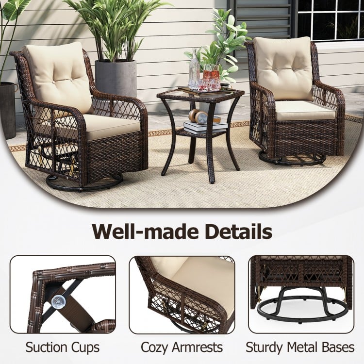 3 Pieces Patio Furniture Set PE Wicker Swivel Glider Chairs with 2-Tier Side Table and Cushions-Brown