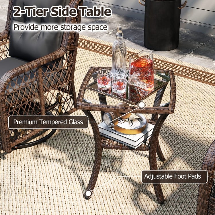 3 Pieces Patio Furniture Set PE Wicker Swivel Glider Chairs with 2-Tier Side Table and Cushions-Black