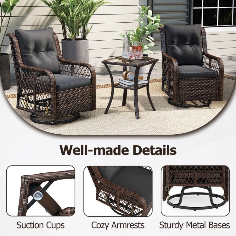 3 Pieces Patio Furniture Set PE Wicker Swivel Glider Chairs with 2-Tier Side Table and Cushions-Black