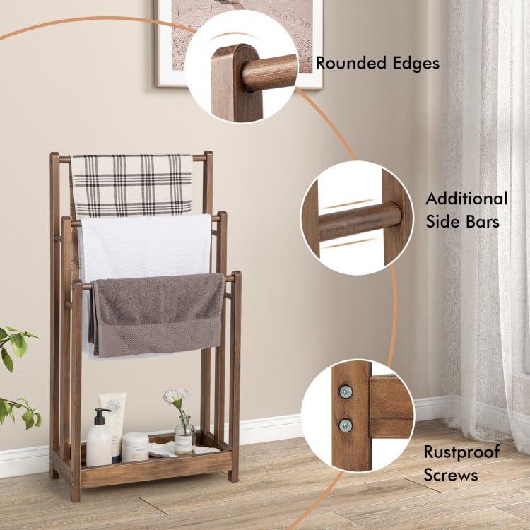 Freestanding Towel Rack 3-Bar Hand Towel Drying Stand with Bottom Storage Shelf-Rustic Brown