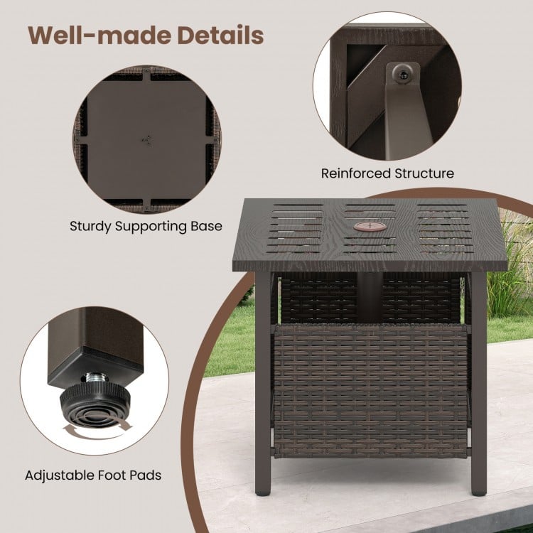 Outdoor Side Table All-Weather PE Wicker Patio Table with Umbrella Hole-Brown
