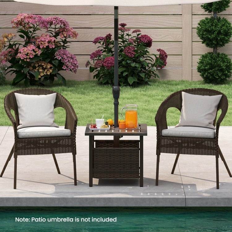 Outdoor Side Table All-Weather PE Wicker Patio Table with Umbrella Hole-Brown