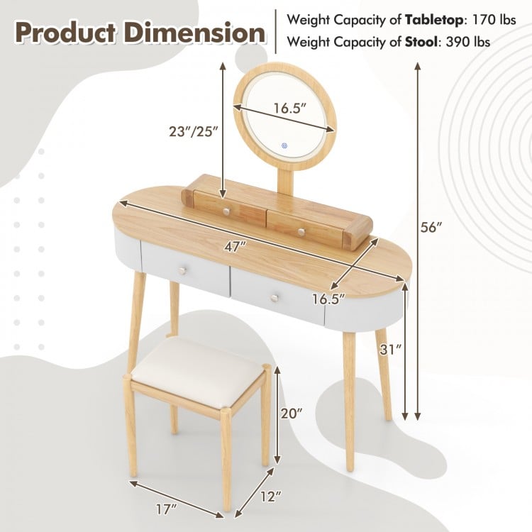 Makeup Vanity Table Set with LED Mirror and 3 Spacious Drawers-White-Natural Wood