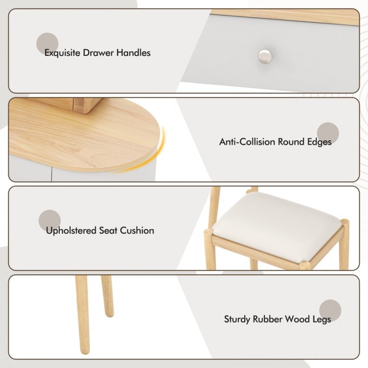 Makeup Vanity Table Set with LED Mirror and 3 Spacious Drawers-White-Natural Wood