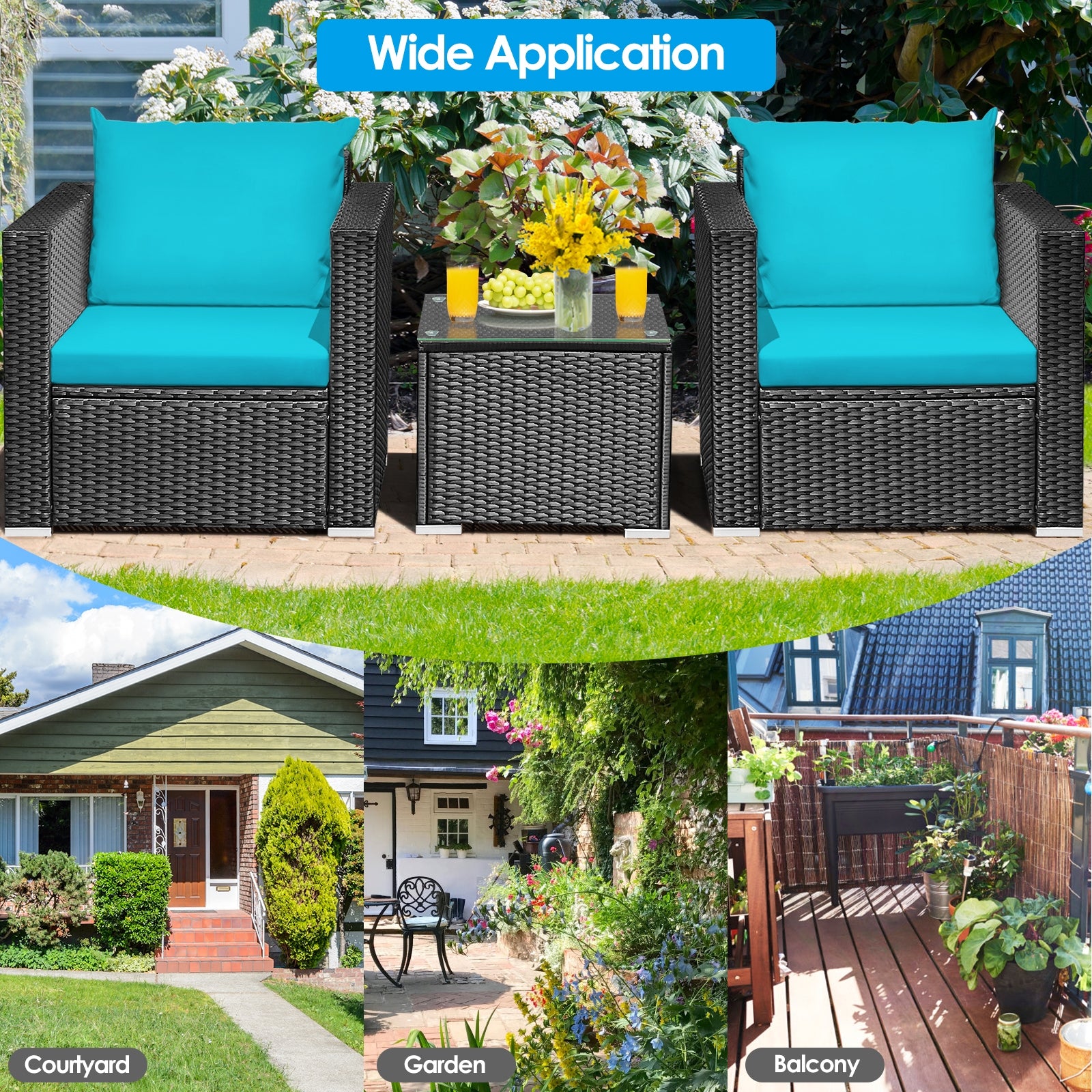 3 Pieces Patio Wicker Conversation Set with Cushion-Turquoise