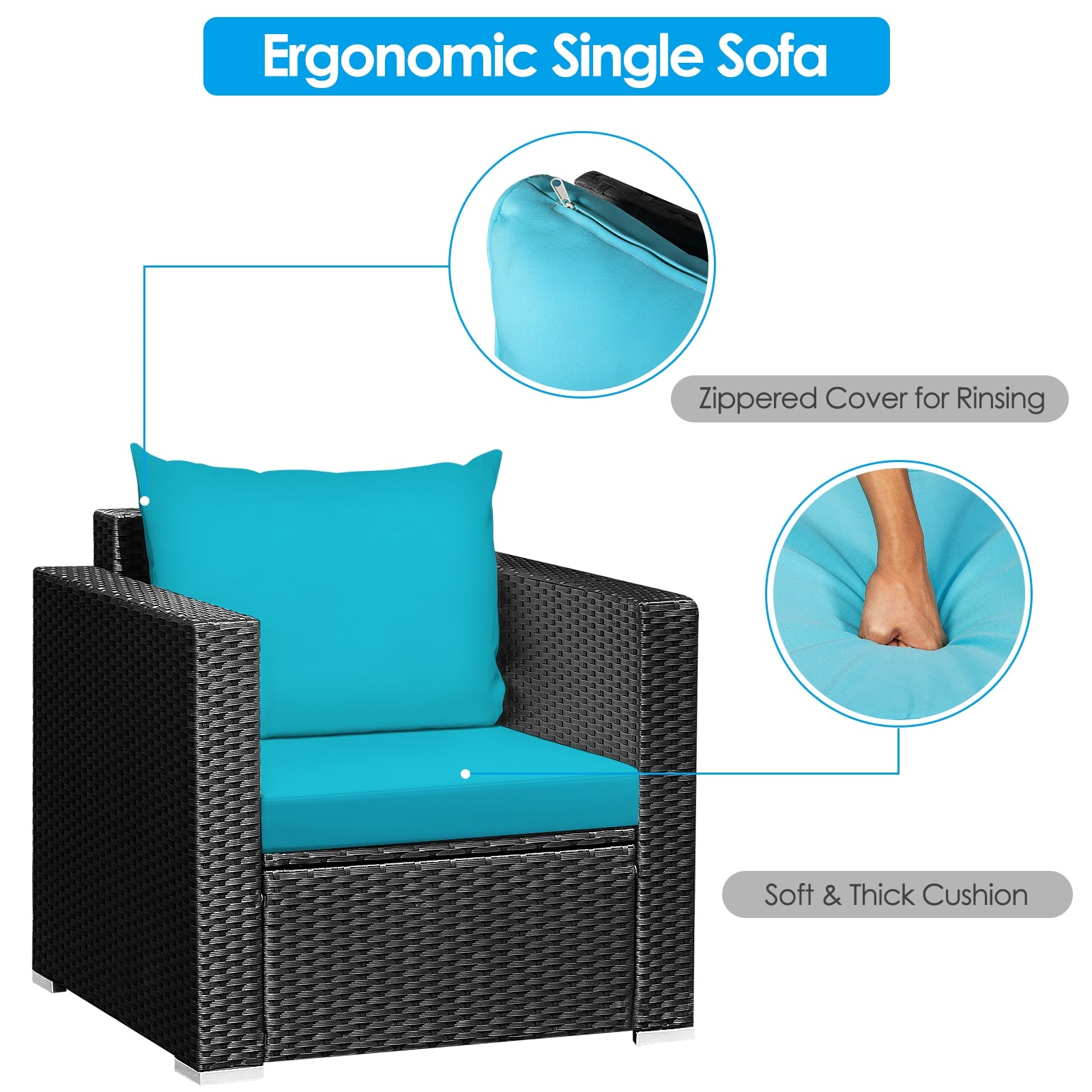 3 Pieces Patio Wicker Conversation Set with Cushion-Turquoise