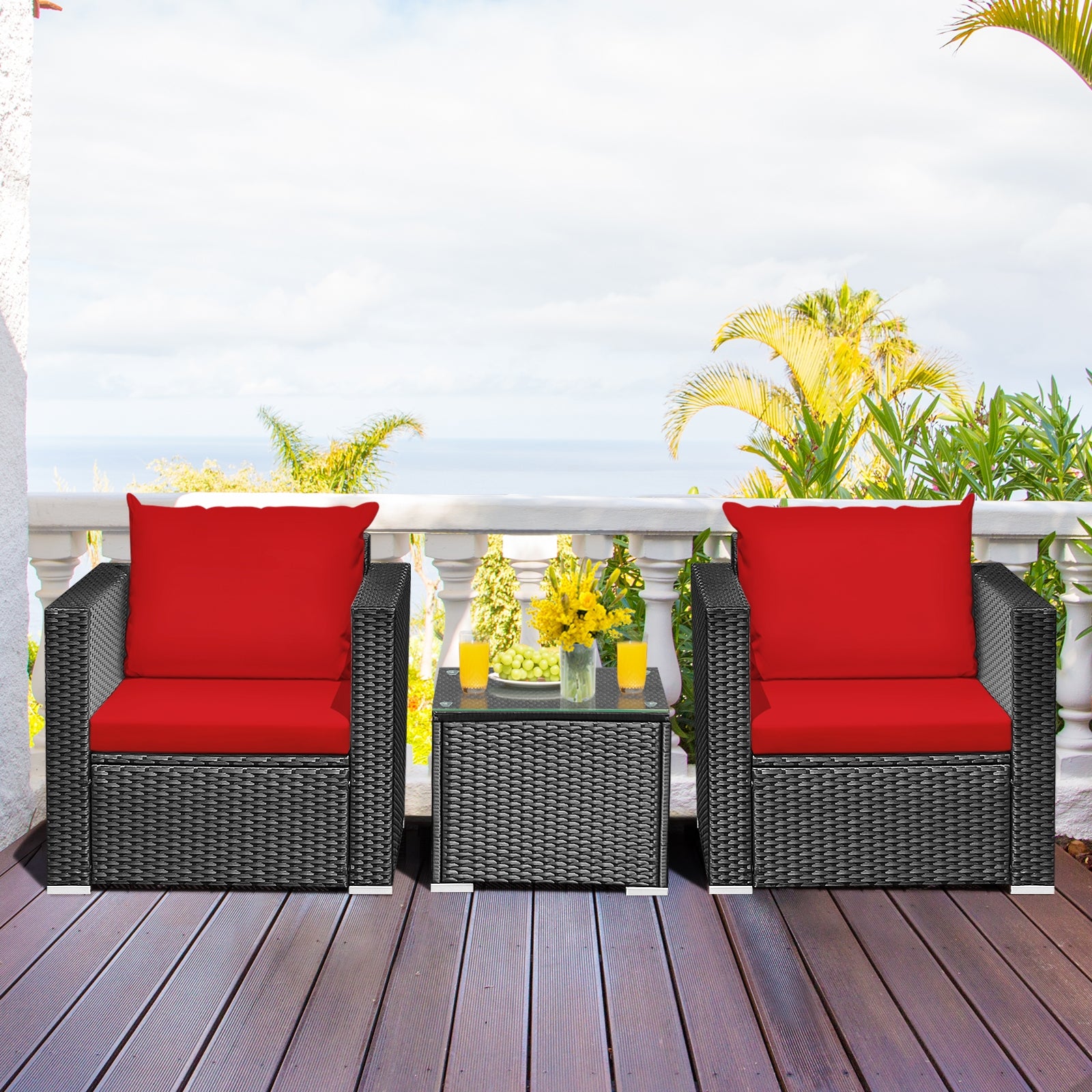 3 Pieces Patio wicker Furniture Set with Cushion-Red