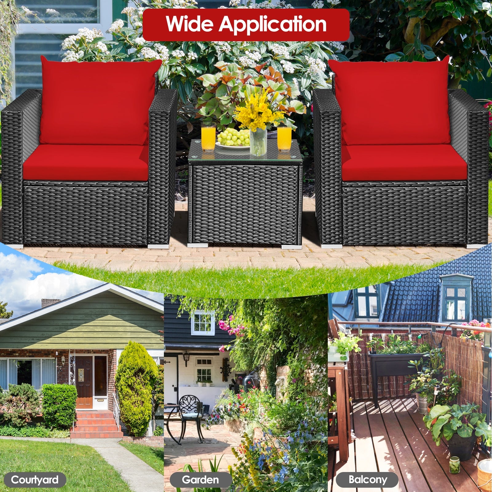 3 Pieces Patio wicker Furniture Set with Cushion-Red