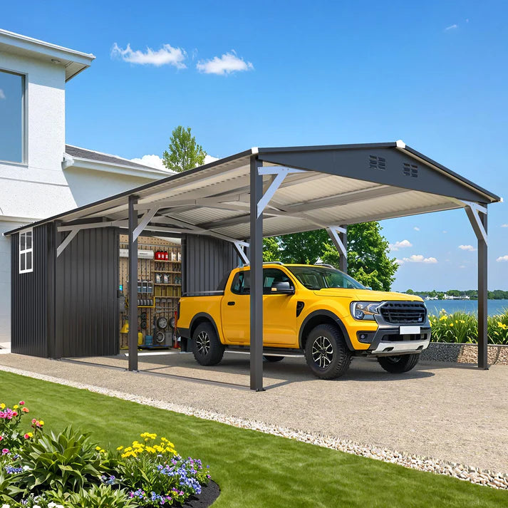 YODOLLA 12' x 23' Outdoor Storage Shed & Heavy Duty Metal Carport Shelter – Waterproof Weather-Resistant Garage with Locking Storage Room, Dark Grey