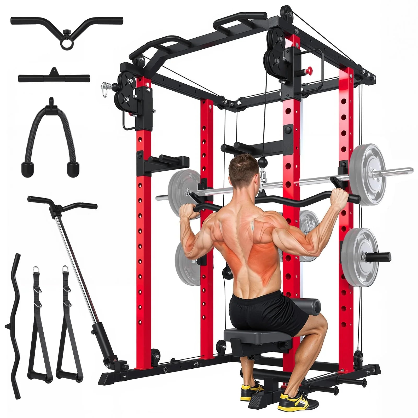 YODOLLA Power Squat Rack Cage with LAT Pulldown – Full Body Home Gym System (Black/Red)