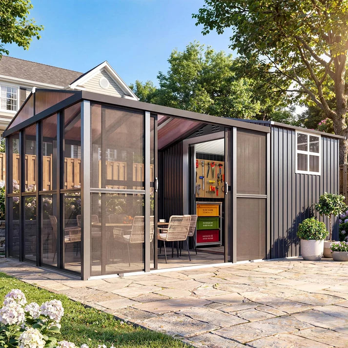 AECOJOY 10x10 Sunroom & 6x10 Storage Shed Combo with Sliding Screen Door