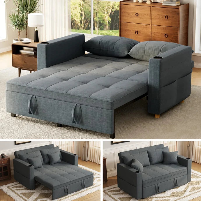 63" 3-in-1 Convertible Sleeper Sofa Bed with Adjustable Backrest & Cup Holders