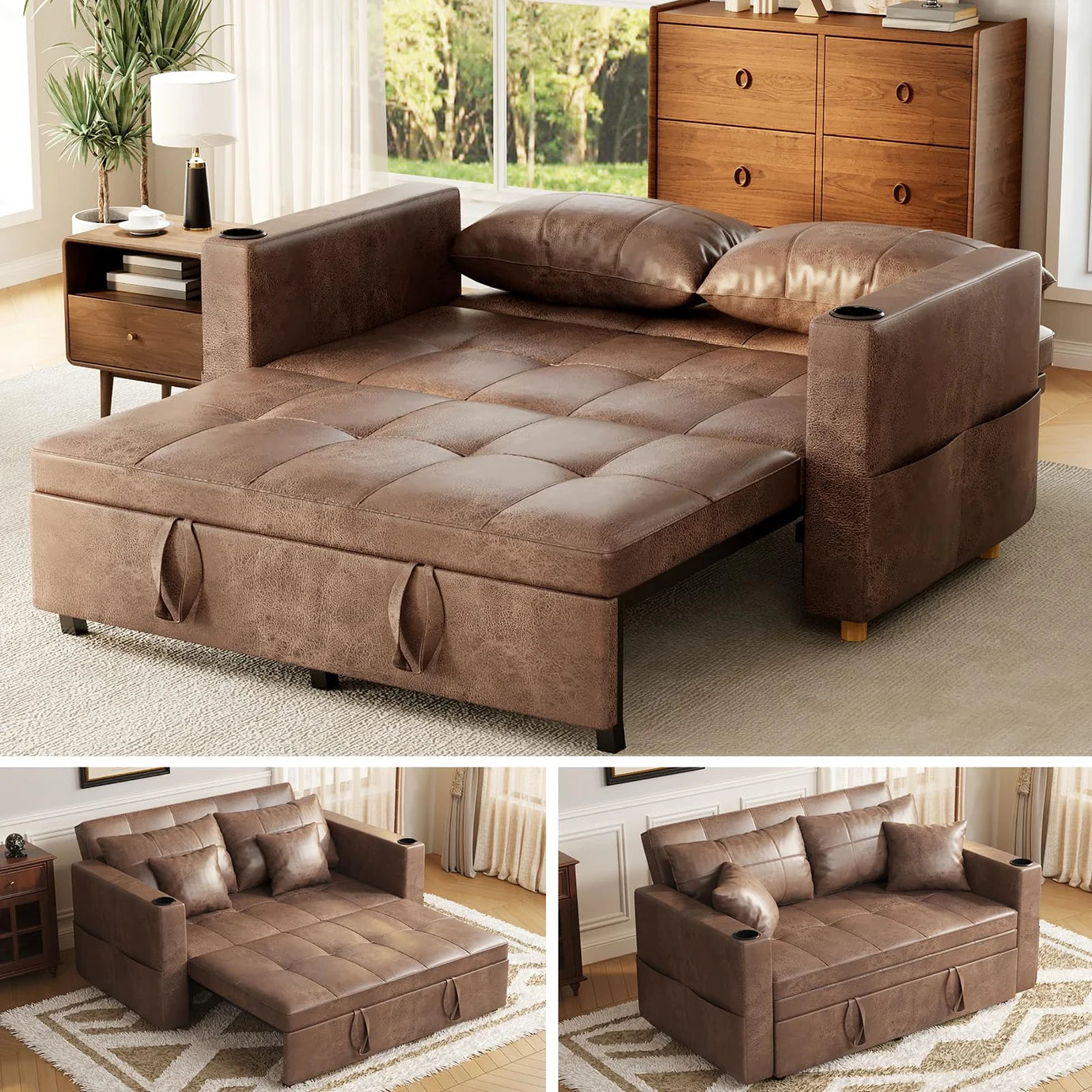 63" 3-in-1 Convertible Sleeper Sofa Bed with Adjustable Backrest & Cup Holders
