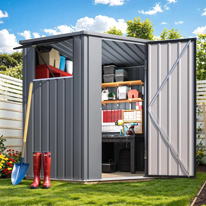 Corner Outdoor Storage Shed with Openable Windows – Dark Grey Metal Garden Storage Shelter