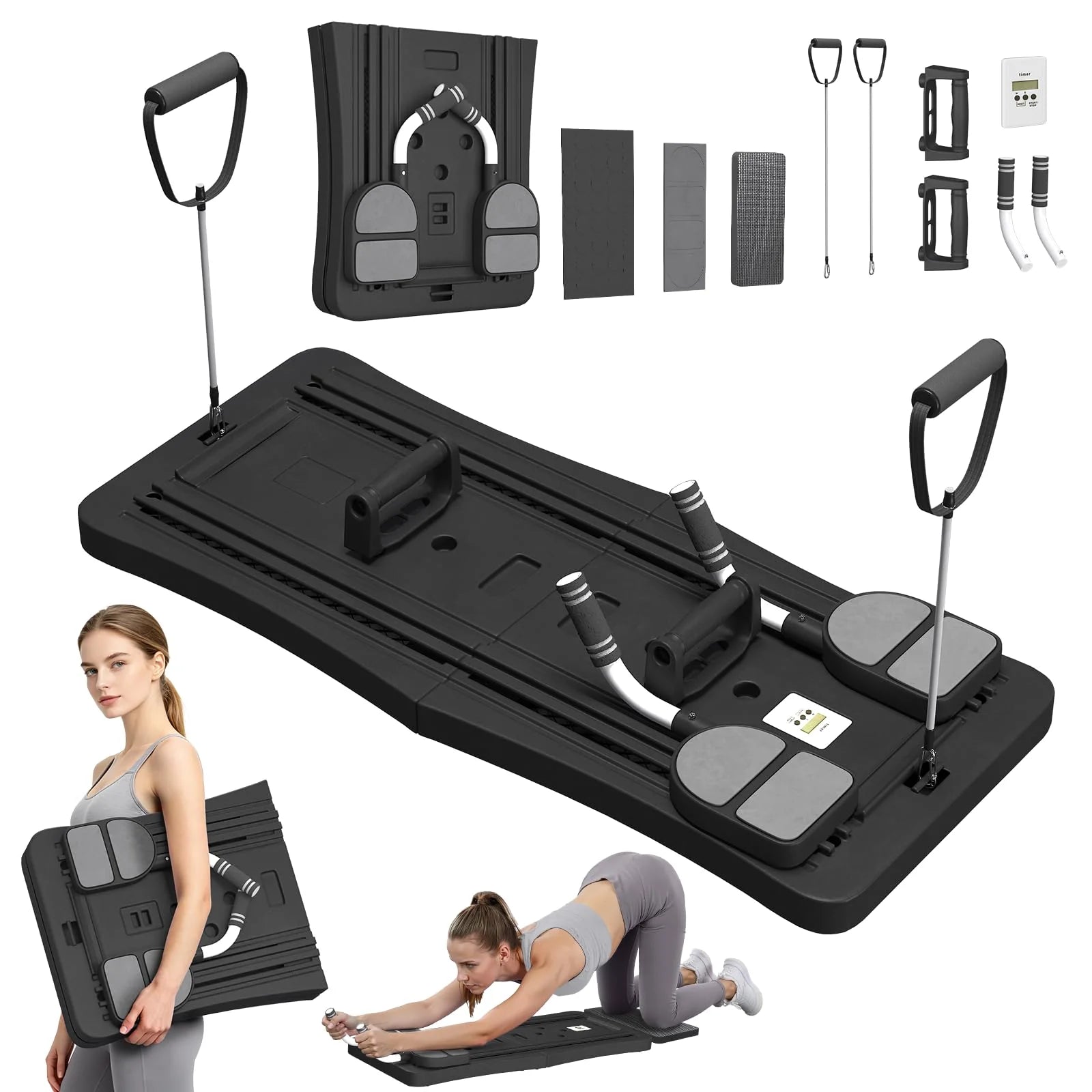 5-in-1 Foldable Pilates Reformer Board with LED Counter | Home Fitness Workout Board with Resistance Bands, Purple or Black